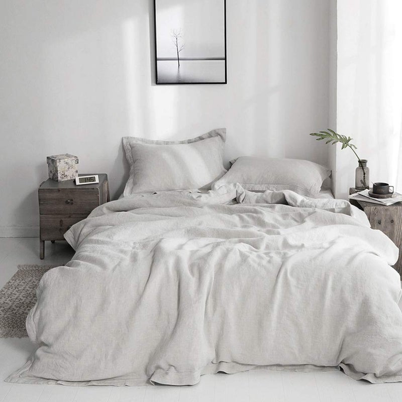 Simple&Opulence 100% Linen Duvet Cover Set with Embroidery Border Washed - 3 Pieces (1 Duvet Cover with 2 Pillow Shams) with Button Closure Soft Breathable Farmhouse - Light Grey, Queen Size - Image 1